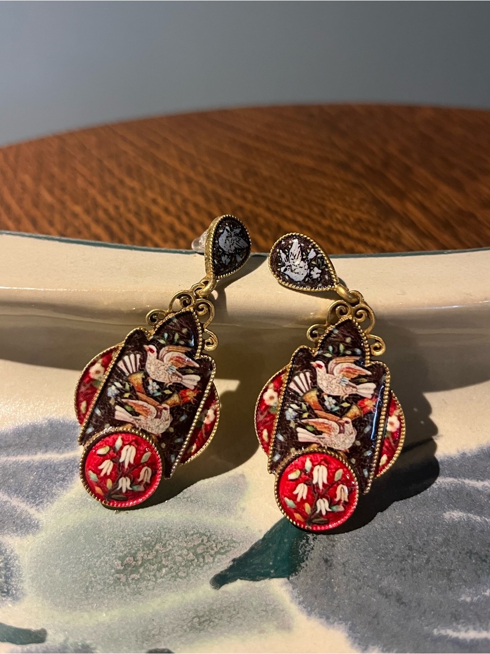 Gold-Tone Red Floral & Dove Drop Earrings